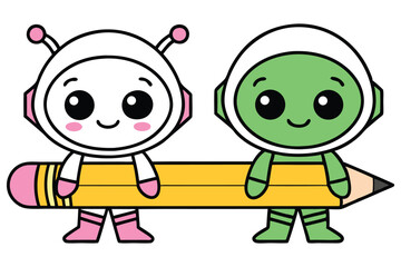 Two Kawaii Astronauts Holding Yellow Pencil with Transparent Background Design