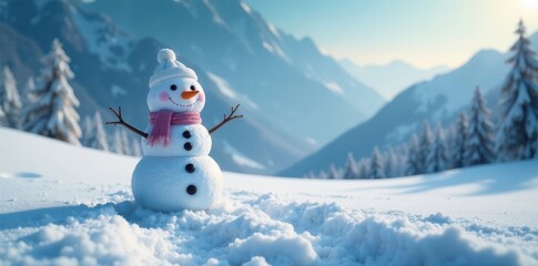 Obraz premium Snowy landscape with happy snowman standing upright in the center of a vast open space , snowy, snowman