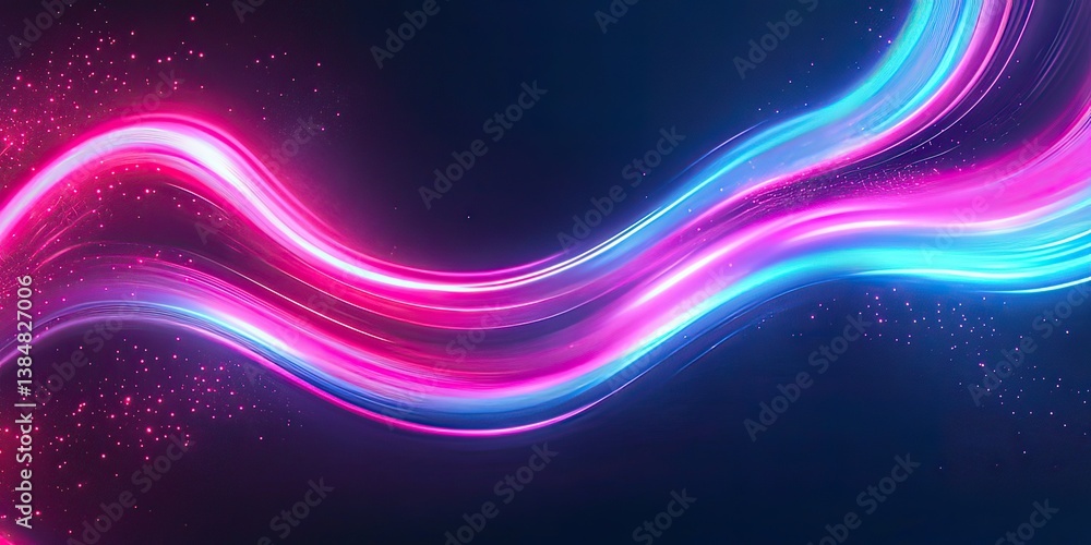 Poster dynamic neon glow: wavy lines with sparkle effect on dark background, created by ai generated