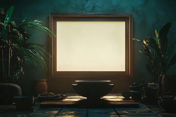 Serene Minimalist Interior with Blank Frame and Asian-Inspired Decor. A tranquil scene featuring a large empty frame perfect for your design or text overlay.