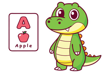 Cartoon Green Alligator Character with Alphabet Card on a White Background