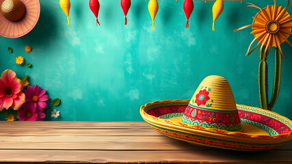 Cinco de Mayo holiday background with Mexican cactus and party sombrero hat on wooden table Generative AI