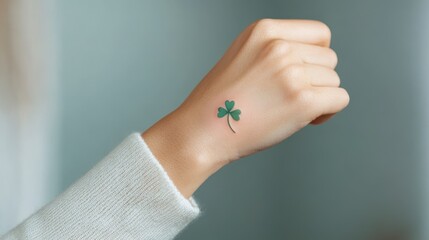 Clover Tattoo: A close-up captures a person's hand, delicately adorned with a vibrant green clover tattoo, symbolizing luck and nature. The tattoo's detailed artistry is on display. 