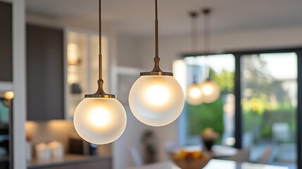 Artistic pendant lights with frosted glass globes and bronze stems illuminating a clean open-concept kitchen