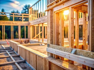 Close-up of a House Under Construction: Framing, Beams, and Foundation Details