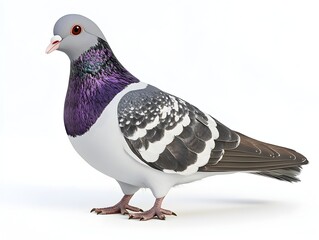 A detailed 3D render of a beautiful purple and grey rock pigeon isolated on a pure white background.