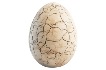 Large cracked dinosaur chicken egg with textured surface and detailed fractures, isolated on white transparent background. Concept of prehistoric life and hatching