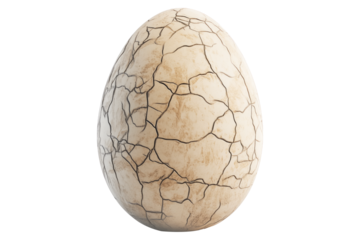 Large cracked dinosaur chicken egg with textured surface and detailed fractures, isolated on white transparent background. Concept of prehistoric life and hatching