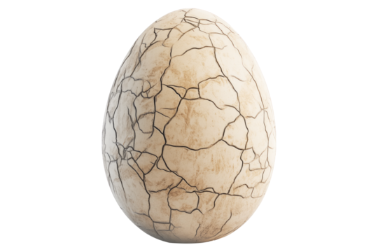 Large cracked dinosaur chicken egg with textured surface and detailed fractures, isolated on white transparent background. Concept of prehistoric life and hatching