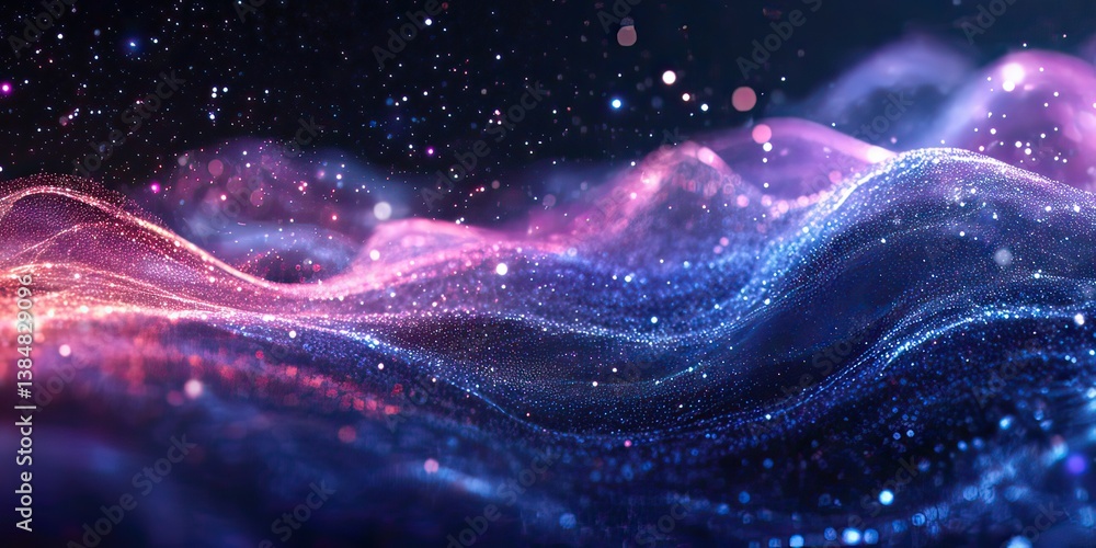 Poster dynamic neon glow: wavy lines with sparkle effect on dark background, created by ai generated