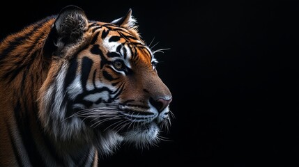 Fototapeta premium Portrait of a tiger's head in profile against a dark background showing its striking stripes and whiskers