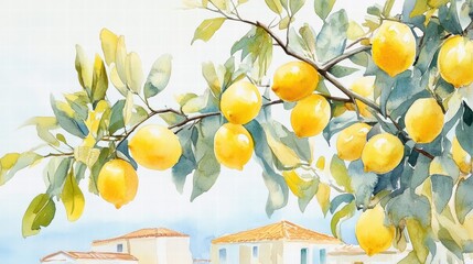 Watercolor of Lemon tree in Traditional greek Santorini house with bougainvillea flowers,Greece islands blue white traditional cafe restaurant architecture,Santorini blue door window,Mediterranean.