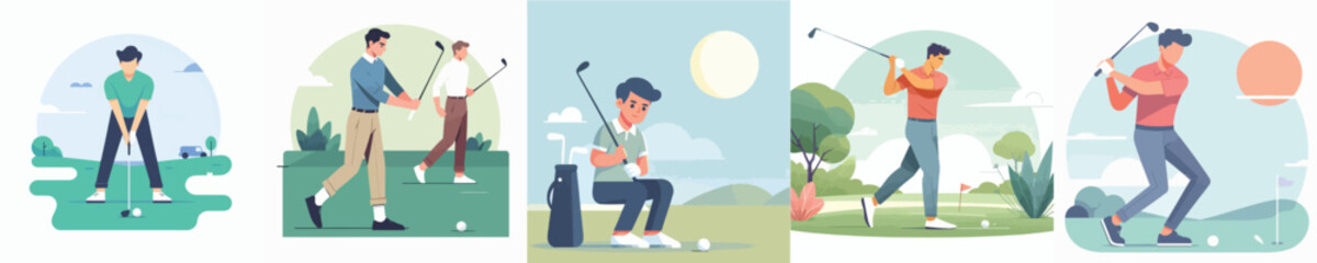 Obraz premium vector collection of young men playing golf