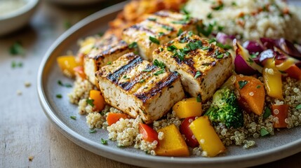Grilled Tofu Strips Served on a Plate with Colorful Vegetables, Quinoa and Fresh Herbs for Healthy Meal Preparation