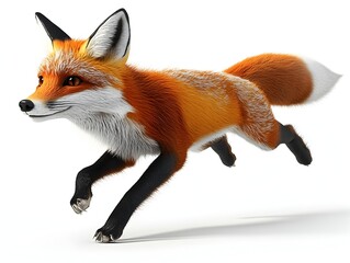 Fototapeta premium A vibrant red fox gracefully leaps across a pristine white background showcasing its luxurious fur and agile movement.
