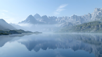 Fototapeta premium Serene Lake With Misty Mountains At Dawn