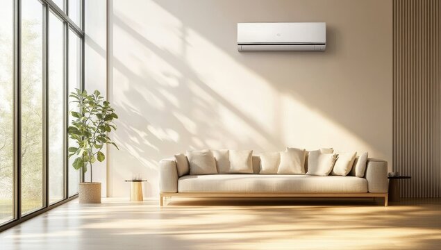Modern living room with a stylish AC unit.  Bright, spacious interior with large windows, a comfortable beige sofa, and a sleek, wall-mounted air conditioning unit.  - Powered by Adobe