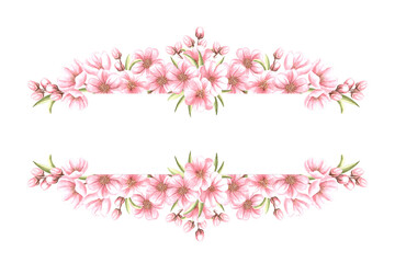Almond pink flowers with leaves and buds watercolor horizontal frame isolated. Floral template with copy space from spring sakura, cherry blossom. Illustration of spring blooming fruit in sketch style