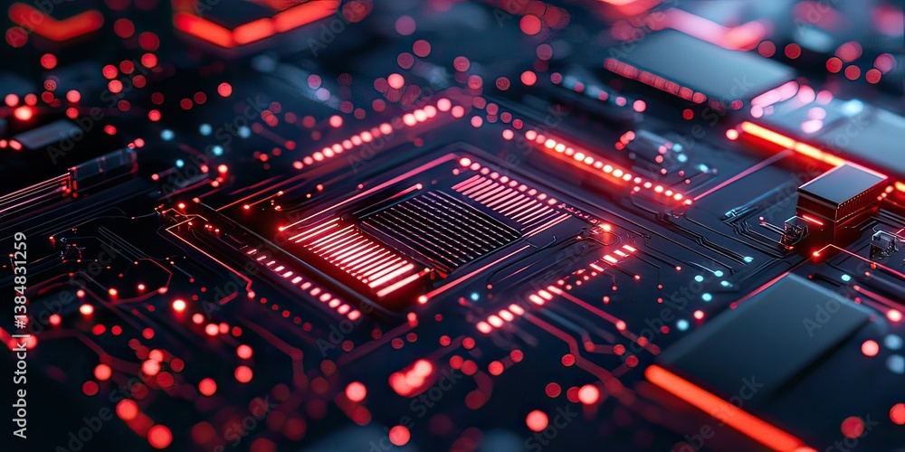 Poster illuminated circuit board with red glowing components and futuristic design, created by ai generated