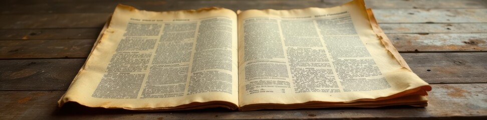 Obraz premium Weathered newspaper pages with yellowed edges and torn corners on a worn wooden table , background, paper