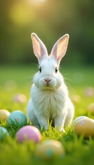 Fototapeta premium White bunny in the middle of a field with Easter egg scattered around, Bunny, flowers