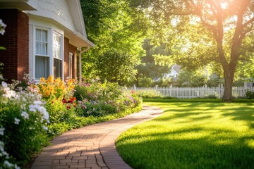 Obraz premium Sunlit brick path meanders through vibrant flower garden beside a charming brick house.
