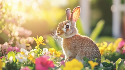 Fototapeta premium Cute rabbit in flower garden spring easter bunny pet animal adorable wildlife nature outdoor sunshine flora
