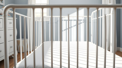 Naklejka premium Close up white metal baby crib with bars stretched out in a baby room, morning light photo hyper realistic Generative AI