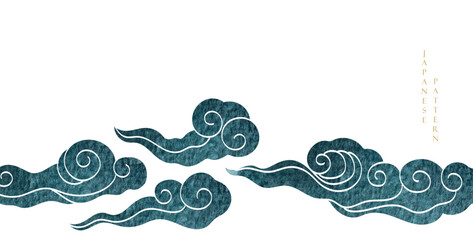 Blue brush stroke texture with Japanese chinses cloud pattern in vintage style. Abstract art landscape banner design with watercolor texture vector.