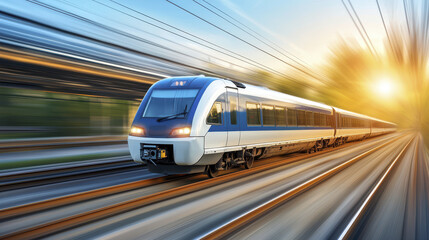 Naklejka premium high speed train is racing along tracks, showcasing modern engineering and speed against vibrant sunset backdrop
