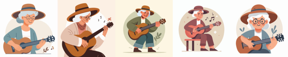 vector collection of grandmothers playing guitar