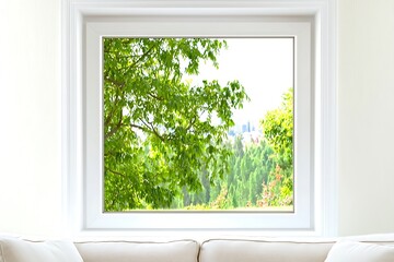 Fototapeta premium Serene View Window Scene with Lush Green Foliage and Cityscape.