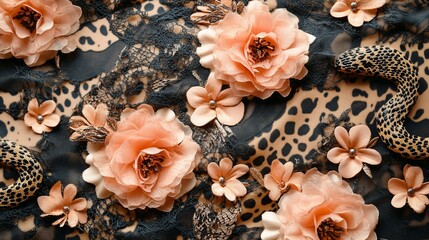 Floral and Leopard Print Textile Design with Intricate Lace Details