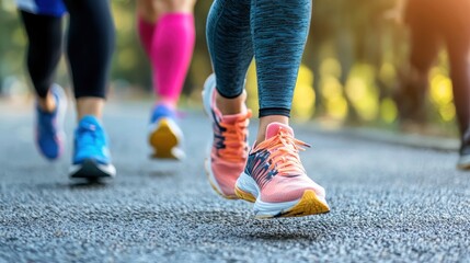 Fototapeta premium Runners' legs and shoes on a paved path.