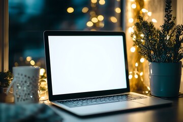 Cozy Winter Evening Laptop with Blank Screen and Festive Lights. A warm and inviting scene perfect for blog posts, websites, or social media.