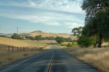 Asphalt Road through Golden Hills with Blue Sky and Green Trees Landscape Scenery