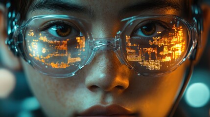 Futuristic woman in glasses with digital overlay in a city background