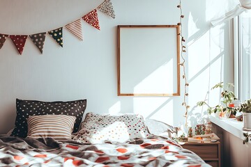 Sunny Bedroom with Blank Frame, Cozy Bedding, and Festive Bunting. A bright and airy bedroom scene perfect for showcasing your designs or promoting home décor products.