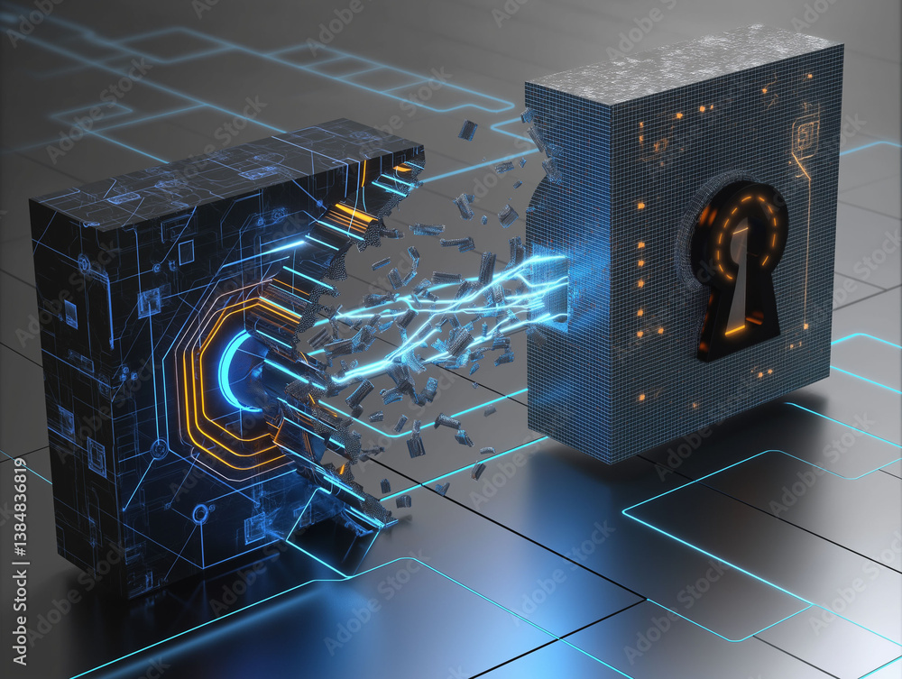 Poster brute force attack breach. password malware. security threat. hacking risk. cyber firewall. brute fo