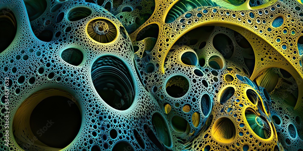 Poster complex interconnected fractal structures with intricate details and vibrant colors, created by ai g