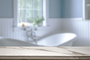 Fototapeta premium Empty marble top table with blurred bathroom interior Background. for product display.
