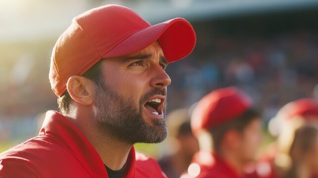 Focused Coach in the Heat of the Game: A determined coach, adorned in striking red attire, passionately guides his team from the sidelines, embodying dedication and strategic thinking.