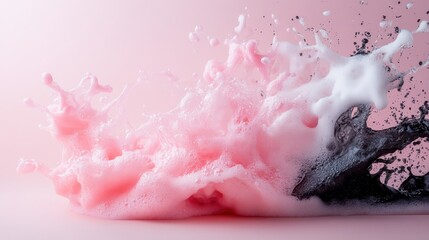 A vibrant explosion of pink and black foam captures attention with its dynamic movement and contrasting colors, creating an engaging and lively visual experience.
