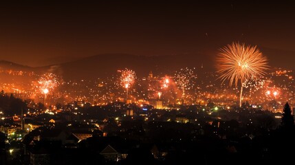 Night cityscape with vibrant fireworks display over hills.