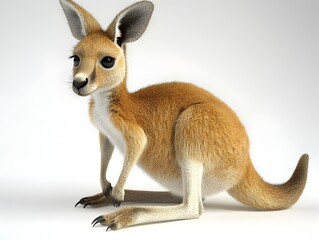 Fototapeta premium An adorable red kangaroo joey sits calmly posing for a photograph against a plain white background.