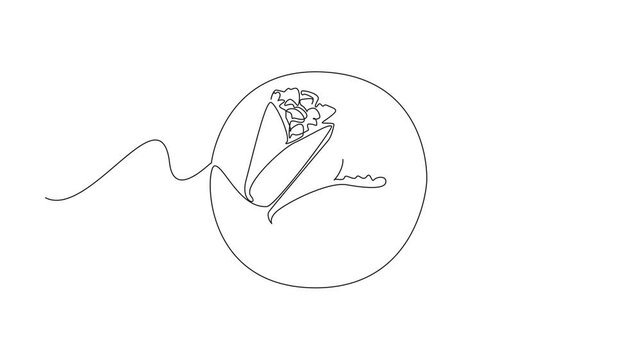 Animation of single continuous line drawing two burritos on a plate and chili sauce in a small bowl. Food containing minced meat. Eaten while warm. Yummy. National Burrito Day. Full length motion