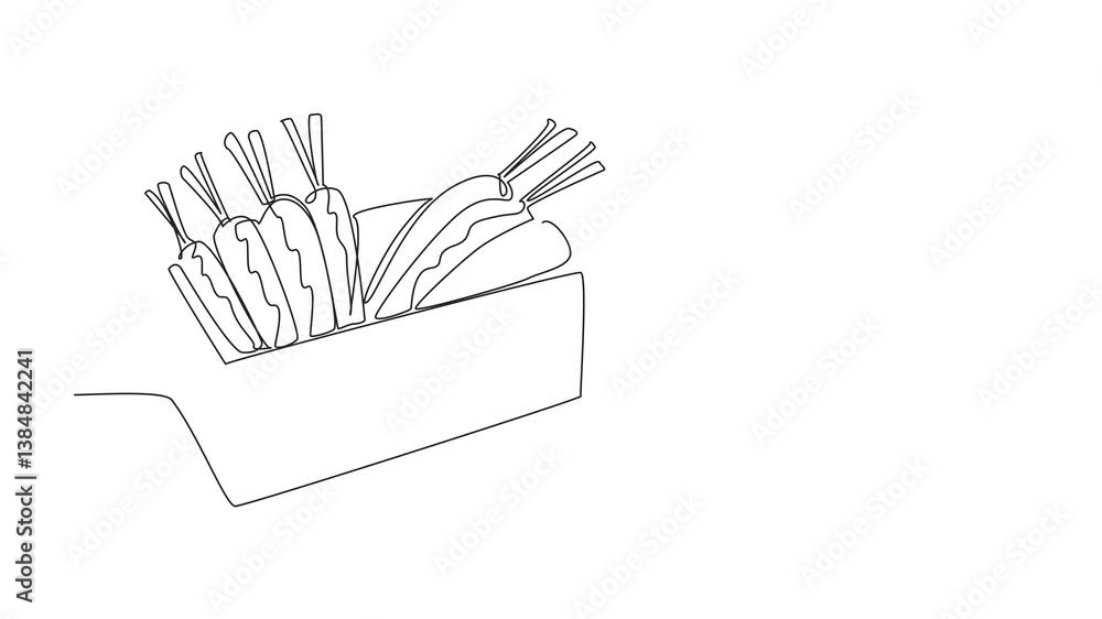 Poster animated self drawing of continuous one line drawing some carrots in a wooden box. distributes goodn