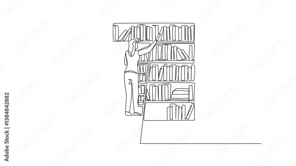 Poster animation of single continuous line drawing female librarian climbing bookshelf with ladder. tidying