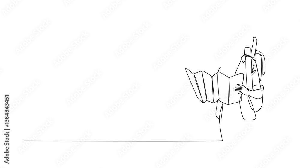 Aufkleber animated self drawing of a single continuous line drawing of a woman with a backpack holding map whi