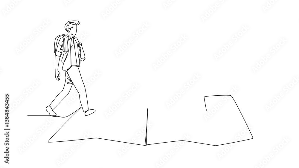 Aufkleber animation of a continuous one line drawing a man with a backpack walking over a creased map. enough 